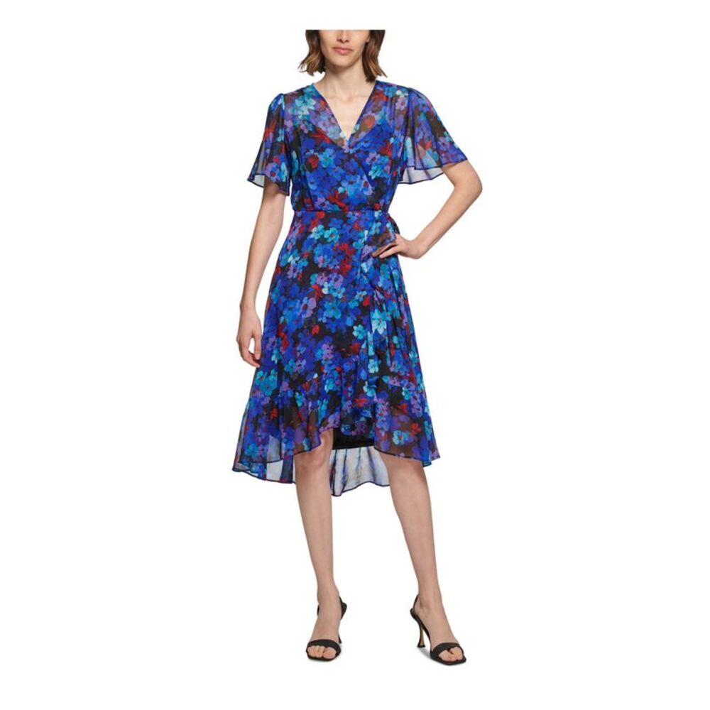 CALVIN KLEIN Womens Black Lined Flutter Sleeve Below The Knee Hi-Lo Dress 4